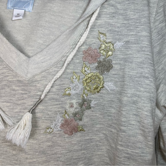 Dressbarn Sunday | Oatmeal V-Neck Hooded Sweatshirt With Floral Embroidery | XL - Picture 5 of 12